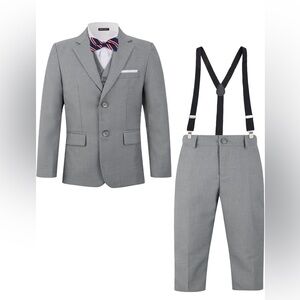 Boys 3-Piece Suit Set Gray Size 6 Jacket Pants Vest Suspenders Bow Ties